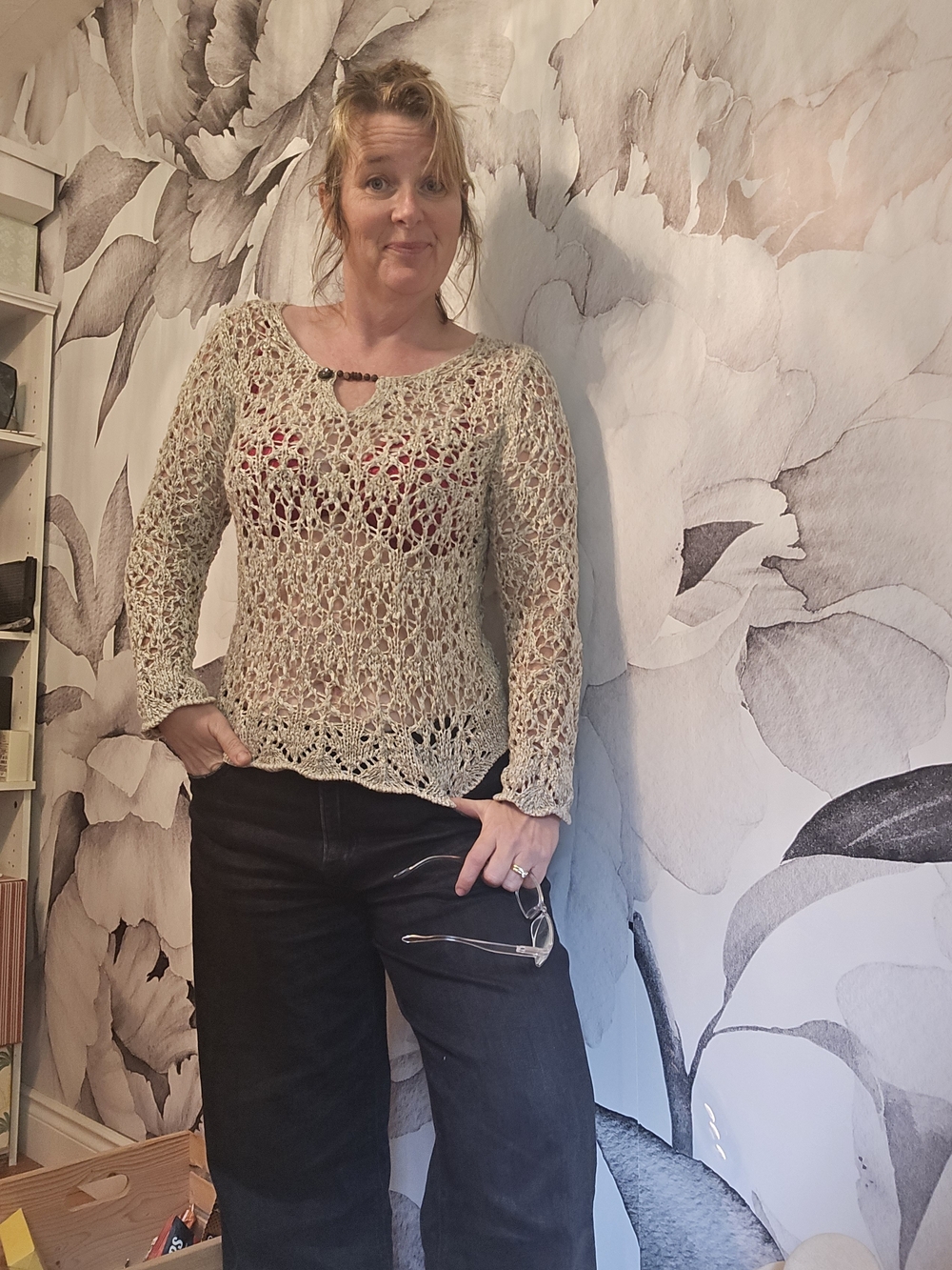 Light Beige CROCHET Open-Knit Women's Sweater Top With Gold
